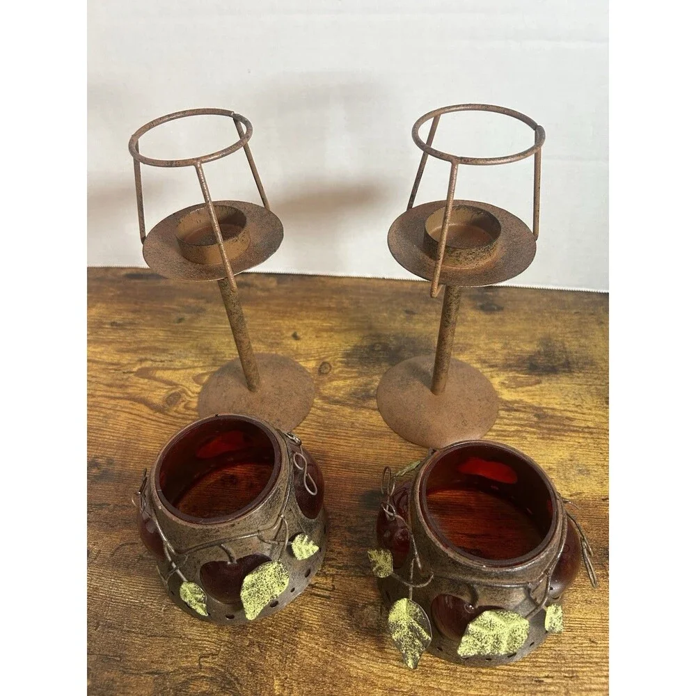 Set of 2 Apple Red Glass Fairy Lamp Style Tealight Candle Holders Rustic Decor